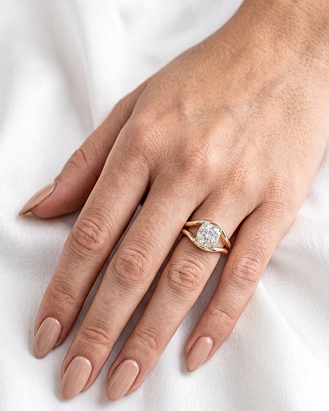 Indi - Cushion Cut with Curved Bypass Moissanite Engagement Ring - Moissanite Engagement Rings