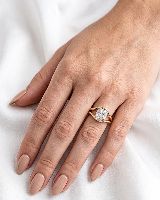 Indi: Cushion Cut with Curved Bypass Moissanite Engagement Ring