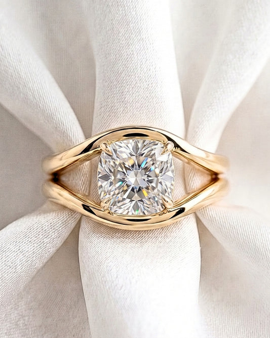 Indi: Cushion Cut with Curved Bypass Moissanite Engagement Ring
