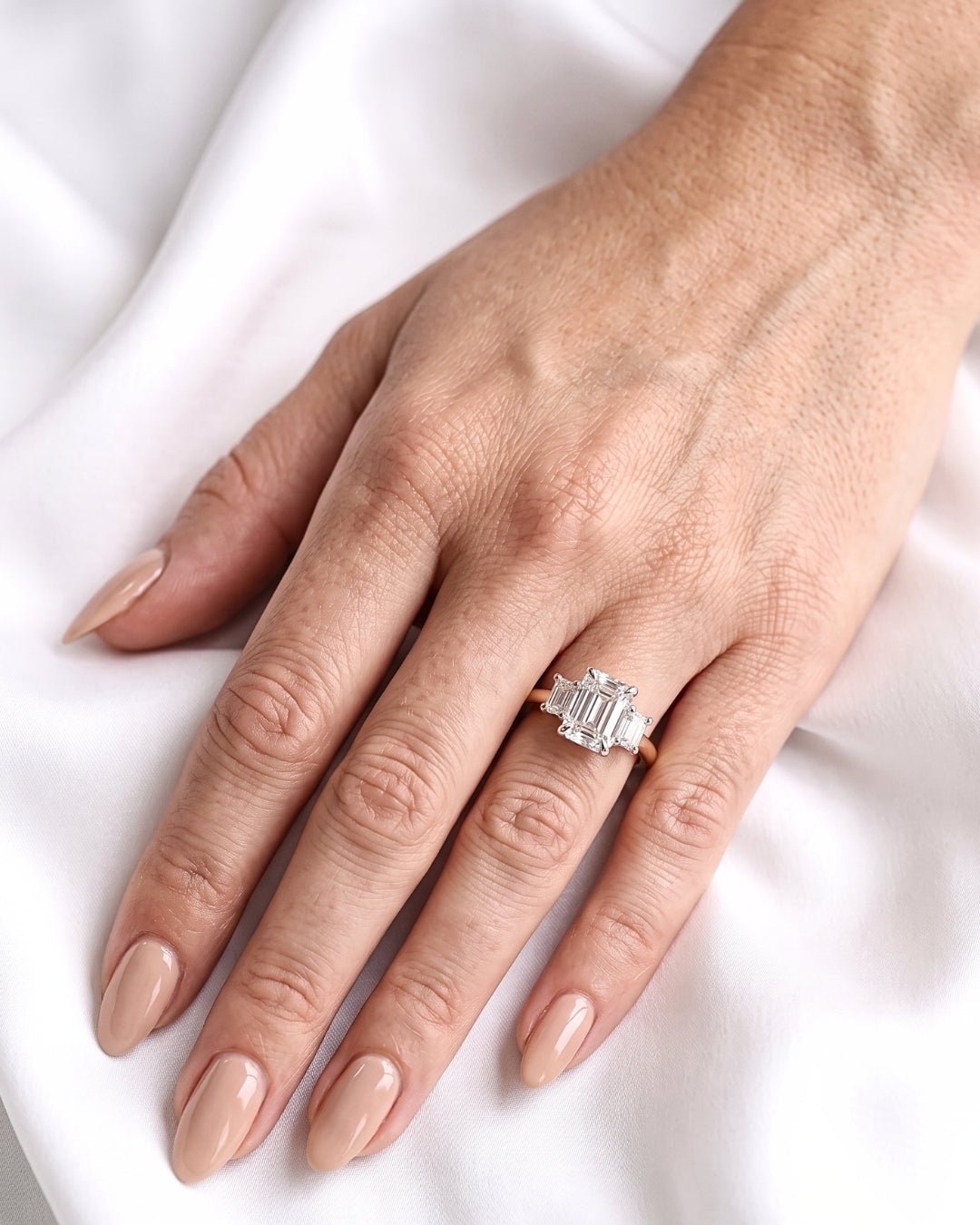 Juno - Emerald Two-Tone Trilogy Moissanite Engagement Ring - Moissanite Engagement Rings
