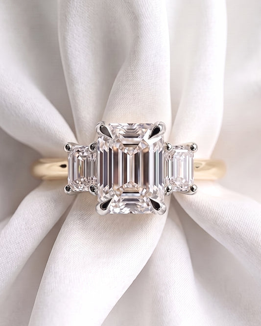 Juno: Emerald Platinum Trilogy Yellow Gold Band Moissanite Engagement Ring