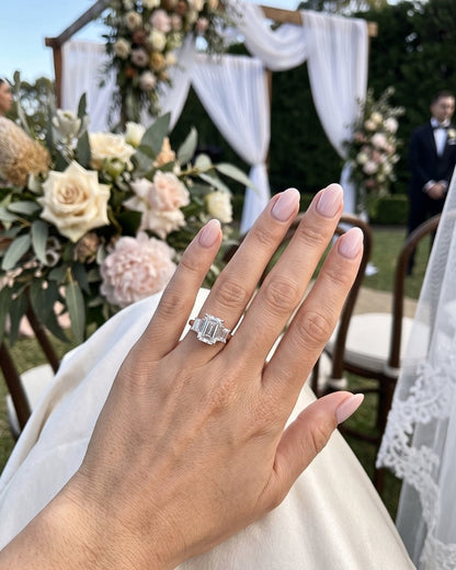 Juno - Emerald Two-Tone Trilogy Moissanite Engagement Ring - Moissanite Engagement Rings