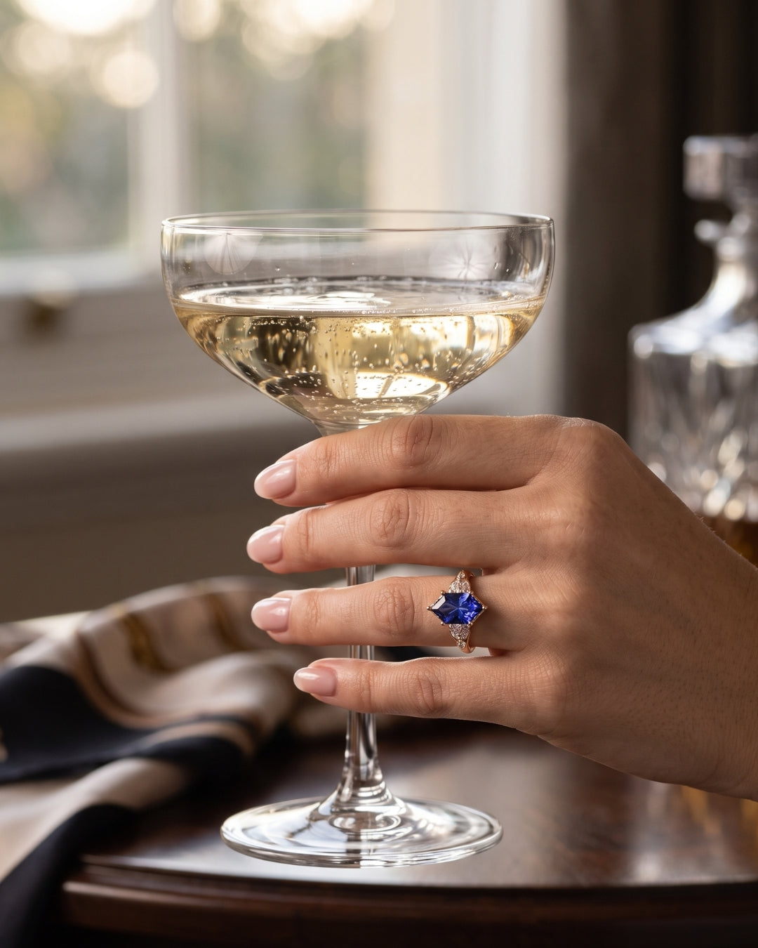Karis: Dark Blue Sapphire with Round and Marquise Side Stones Moissanite Engagement Ring