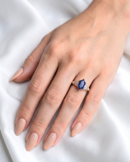 Karis: Dark Blue Sapphire with Round and Marquise Side Stones Moissanite Engagement Ring