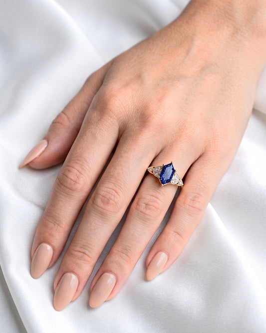 Karis: Dark Blue Sapphire with Round and Marquise Side Stones Moissanite Engagement Ring