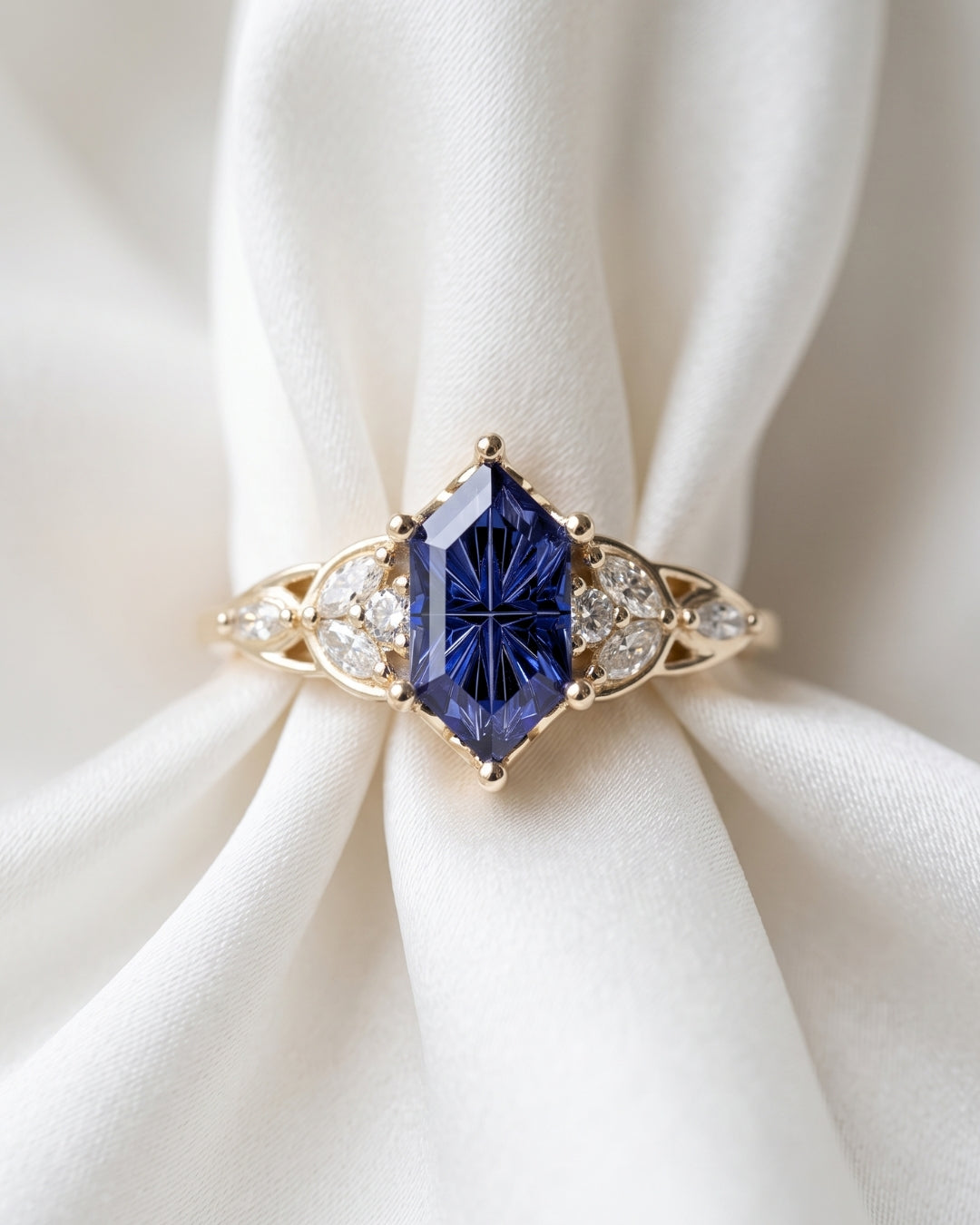 Karis: Dark Blue Sapphire with Round and Marquise Side Stones Moissanite Engagement Ring