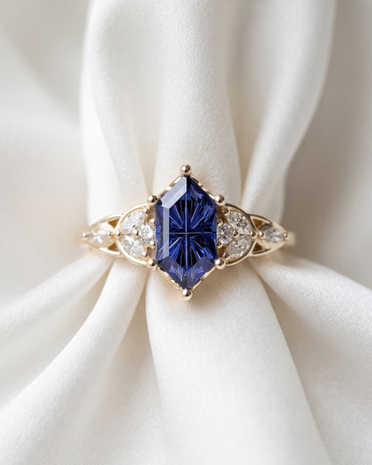 Karis: Dark Blue Sapphire with Round and Marquise Side Stones Moissanite Engagement Ring