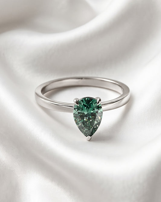 Lila: Pear Solitaire Dark Emerald Moissanite Engagement Ring