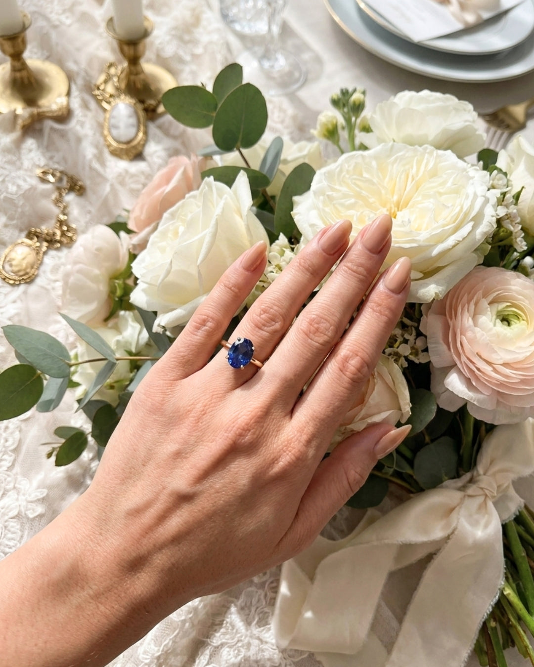 Aurora: Oval Blue Solitaire Moissanite Engagement Ring