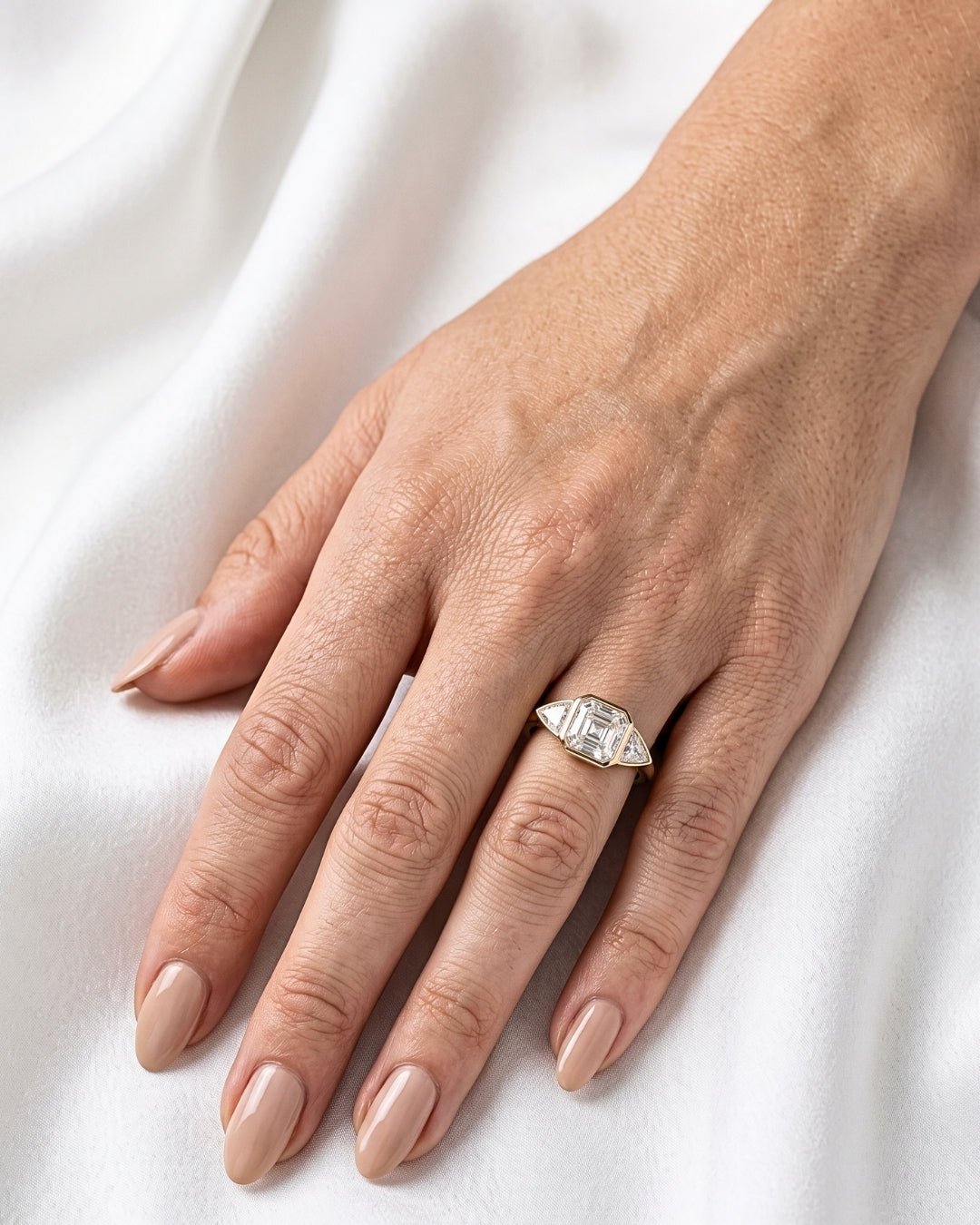 Margot - Asscher Trilogy Diamond Engagement Ring - Moissanite Engagement Rings