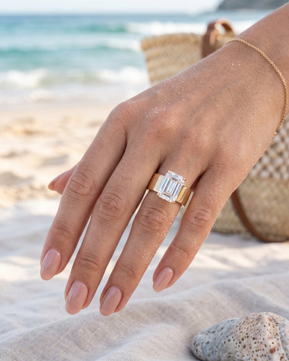 Maude: Emerald Solitaire Cigar Band Moissanite Engagement Ring