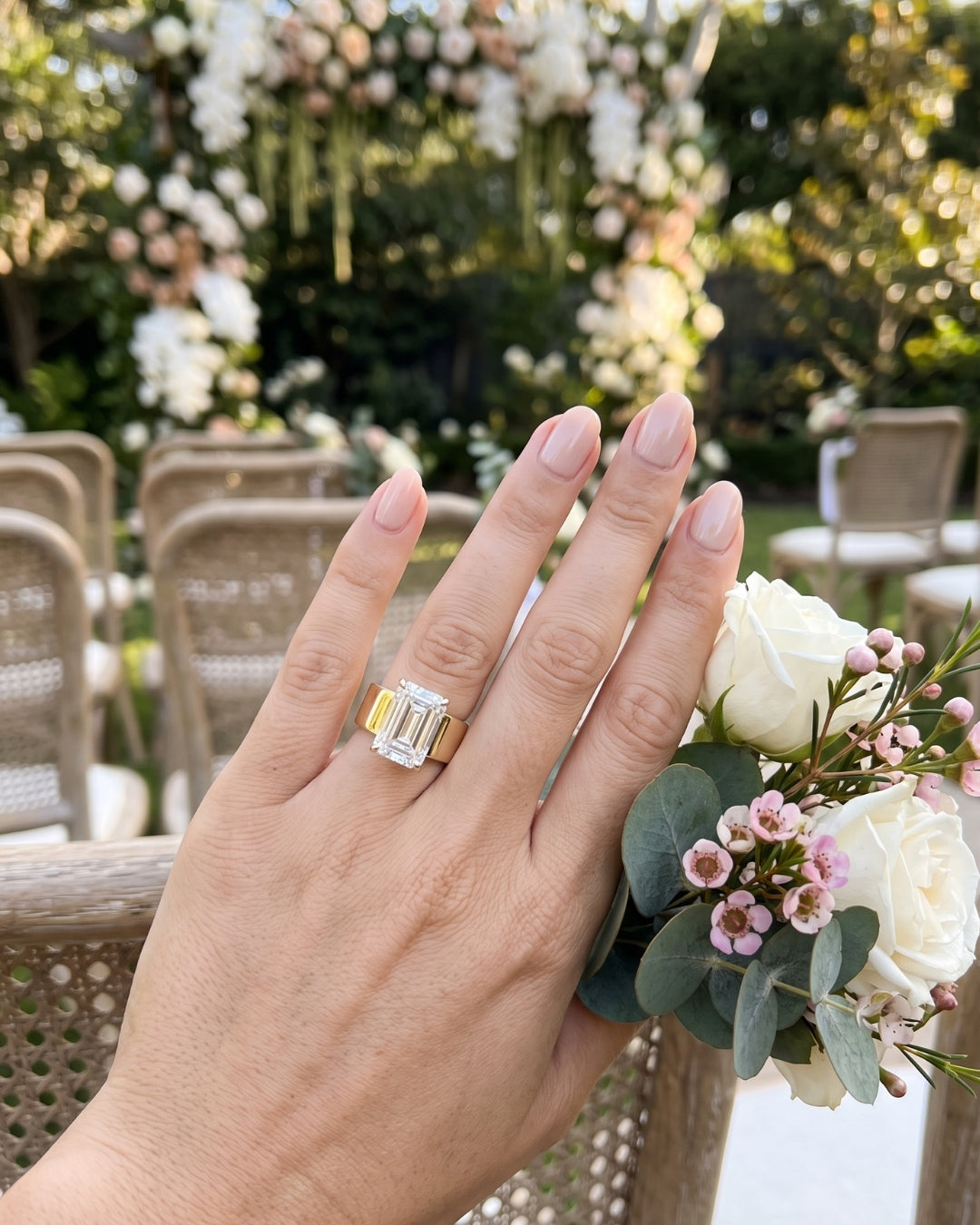 Maude: Emerald Solitaire Cigar Band Moissanite Engagement Ring