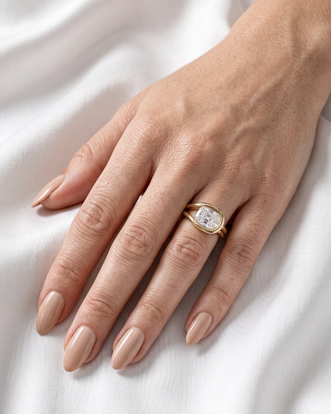 Mavis: East West Cushion Wrap Bypass Moissanite Engagement Ring