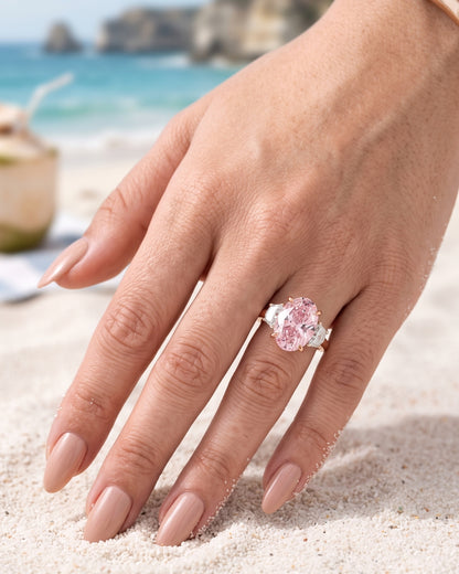 Nadine: Pink Oval with Two-Tone Half Moon Side Stones Moissanite Engagement Ring