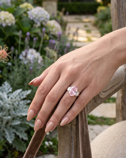 Nadine: Pink Oval with Two-Tone Half Moon Side Stones Moissanite Engagement Ring