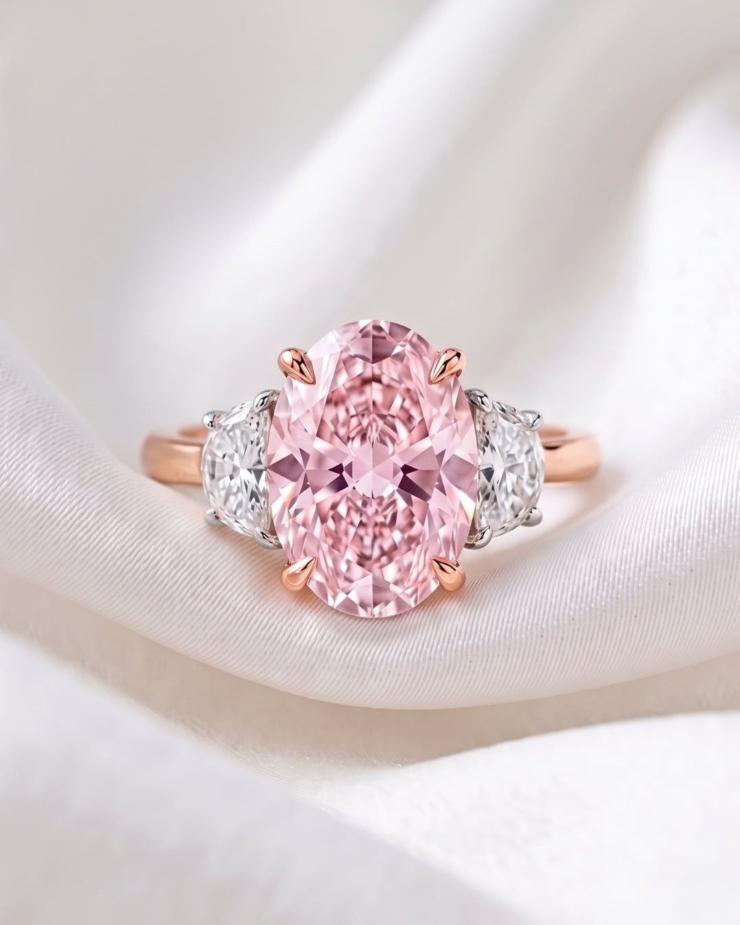 Nadine: Pink Oval with Two-Tone Half Moon Side Stones Moissanite Engagement Ring