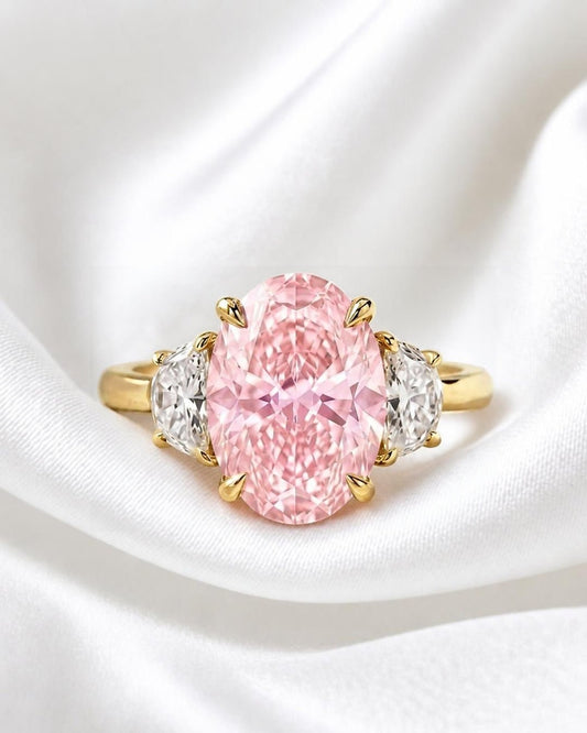 Nadine: Pink Oval with Two-Tone Half Moon Side Stones Moissanite Engagement Ring - Moissanite Engagement Rings