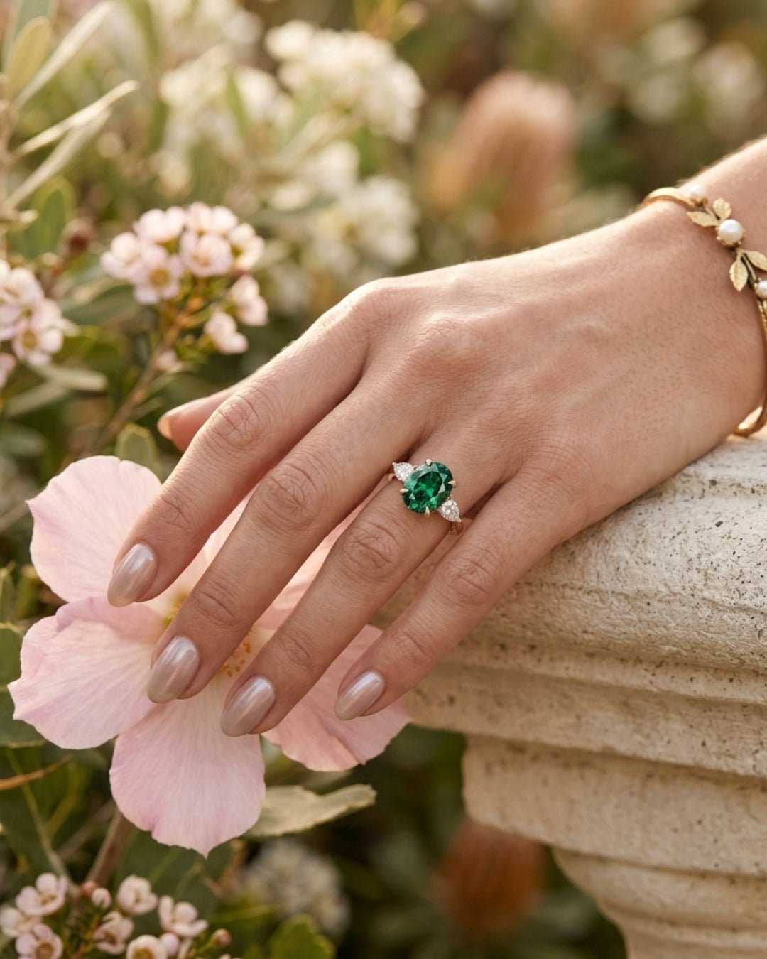Fern - Oval Green with Pear Accent Stones Moissanite Engagement Ring - Moissanite Engagement Rings