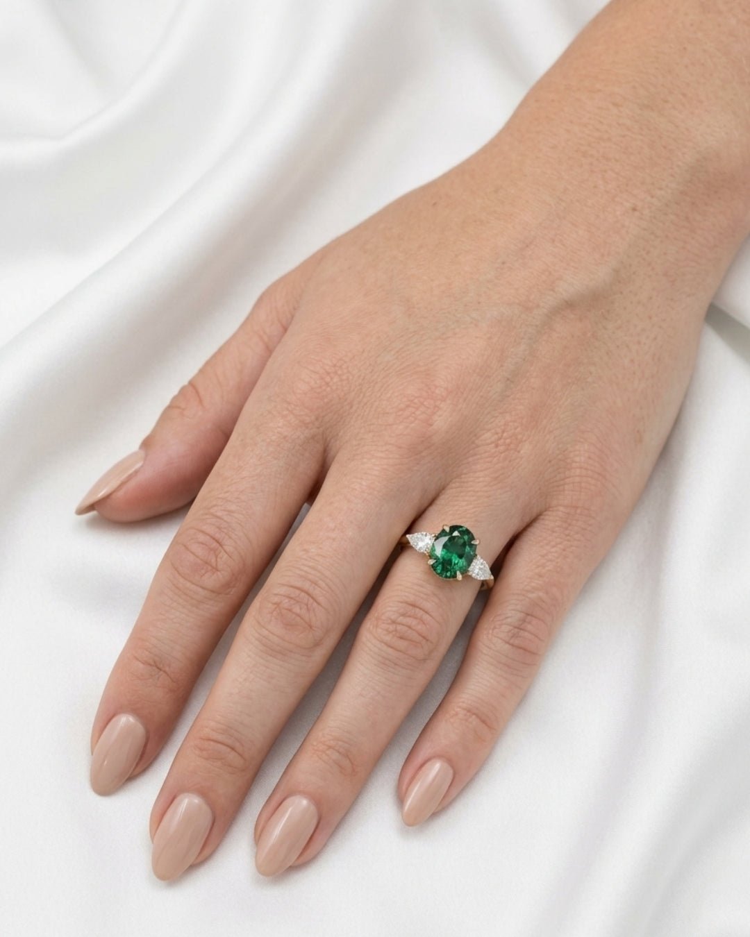 Fern - Oval Green with Pear Accent Stones Moissanite Engagement Ring - Moissanite Engagement Rings