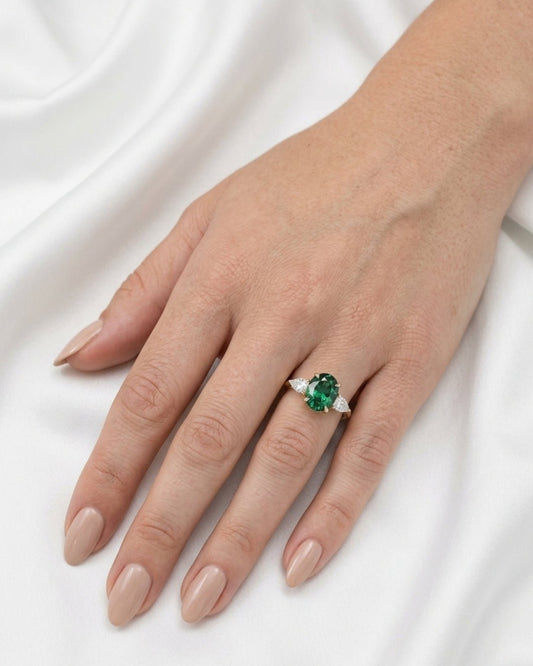 Fern - Oval Green with Pear Accent Stones Moissanite Engagement Ring - Moissanite Engagement Rings