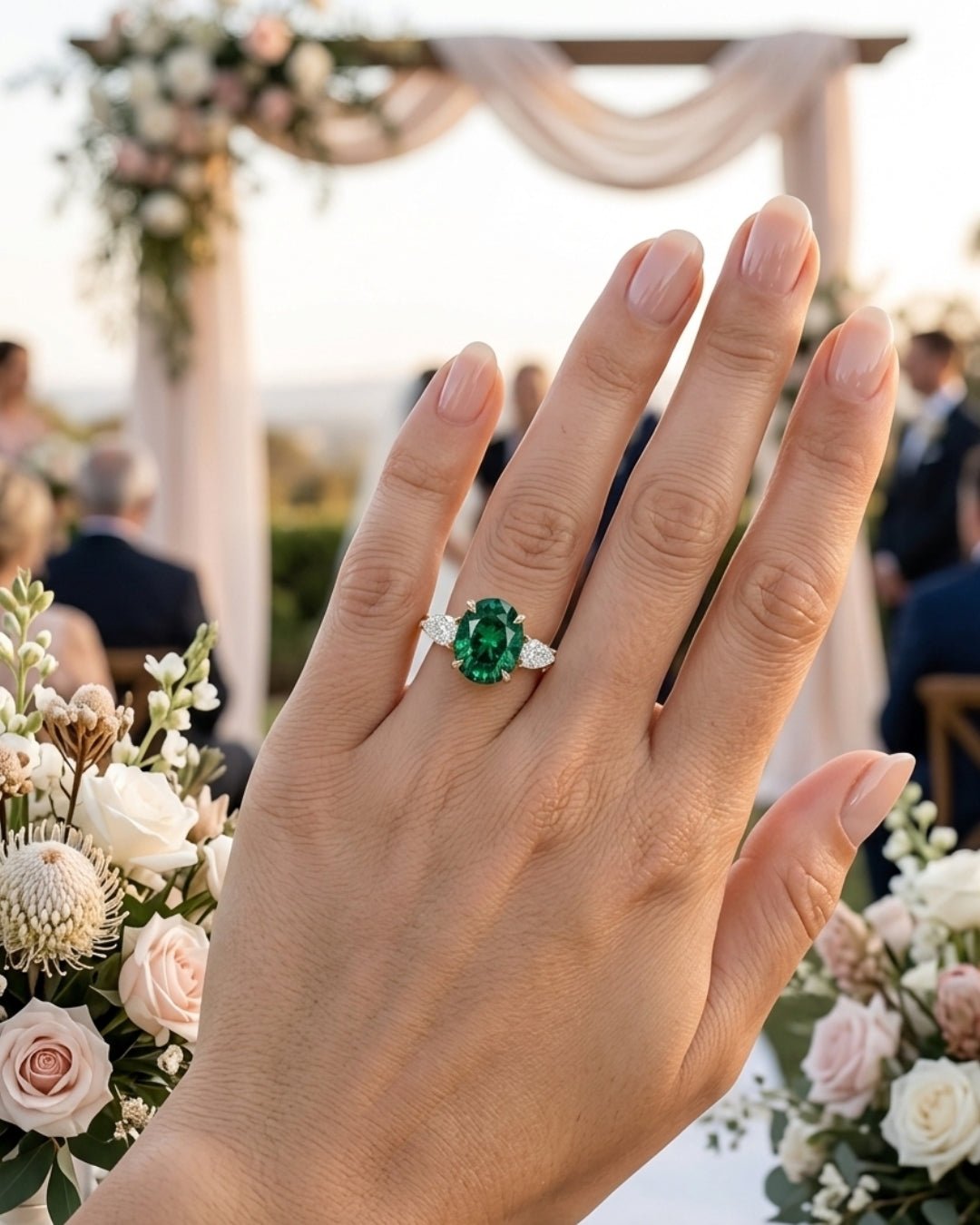 Fern - Oval Green with Pear Accent Stones Moissanite Engagement Ring - Moissanite Engagement Rings