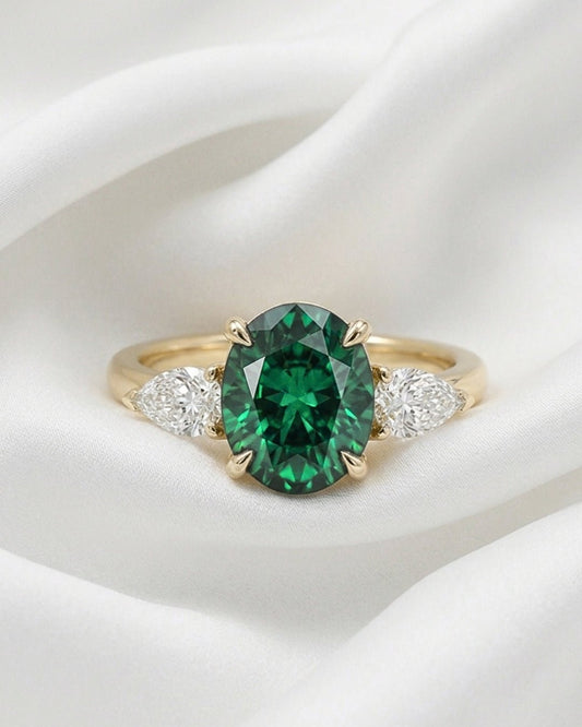 Fern - Oval Green with Pear Accent Stones Moissanite Engagement Ring - Moissanite Engagement Rings