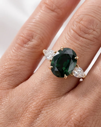 Fern - Oval Green with Pear Accent Stones Moissanite Engagement Ring - Moissanite Engagement Rings