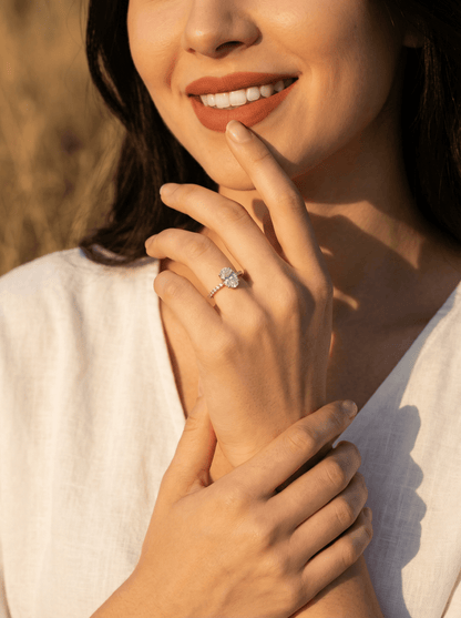 Oval Half Pavè Hidden Halo Moissanite Engagement Ring - Moissanite Engagement Rings