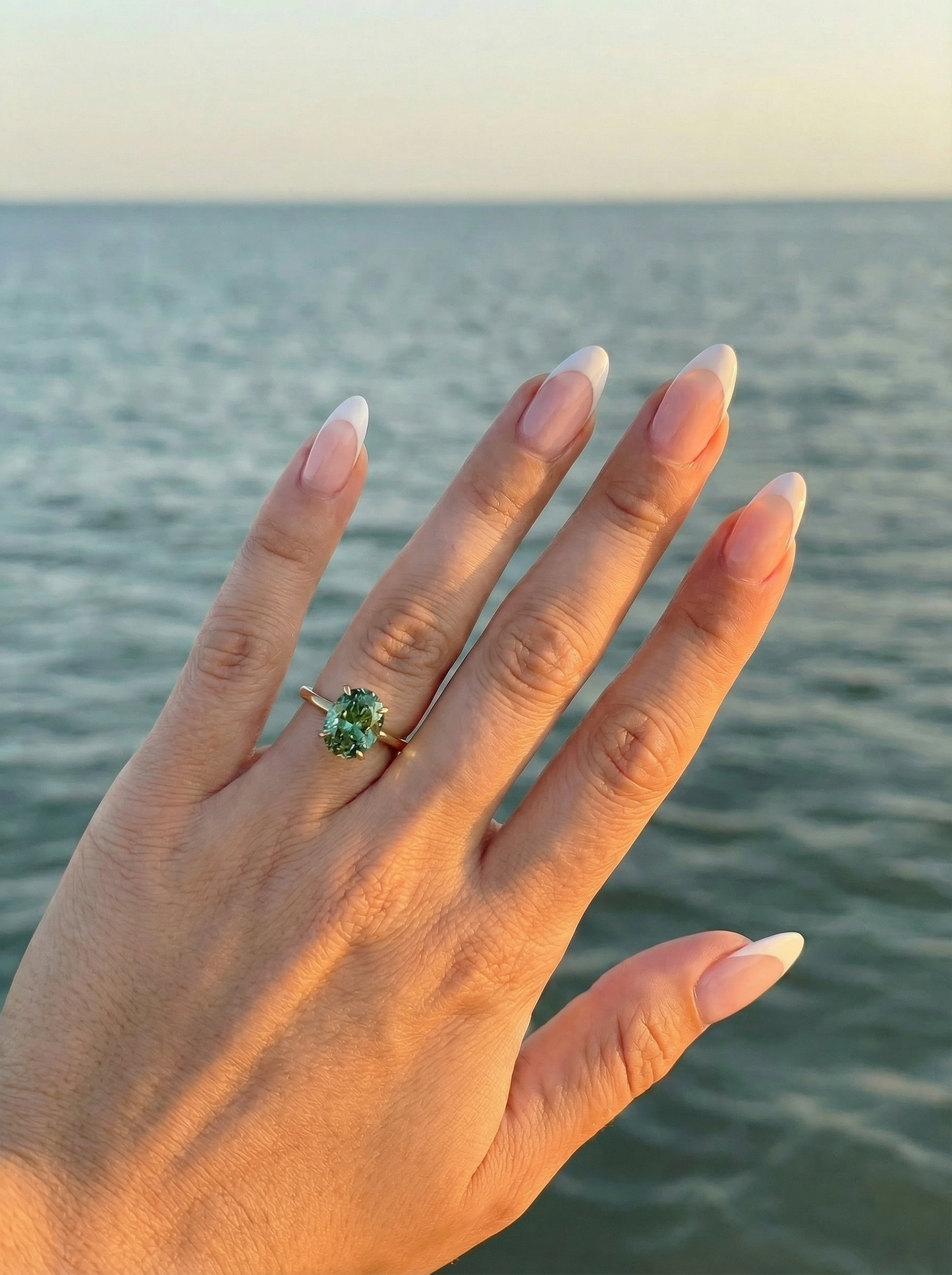 Oval Solitaire Blue-Green Emerald Moissanite Engagement Ring