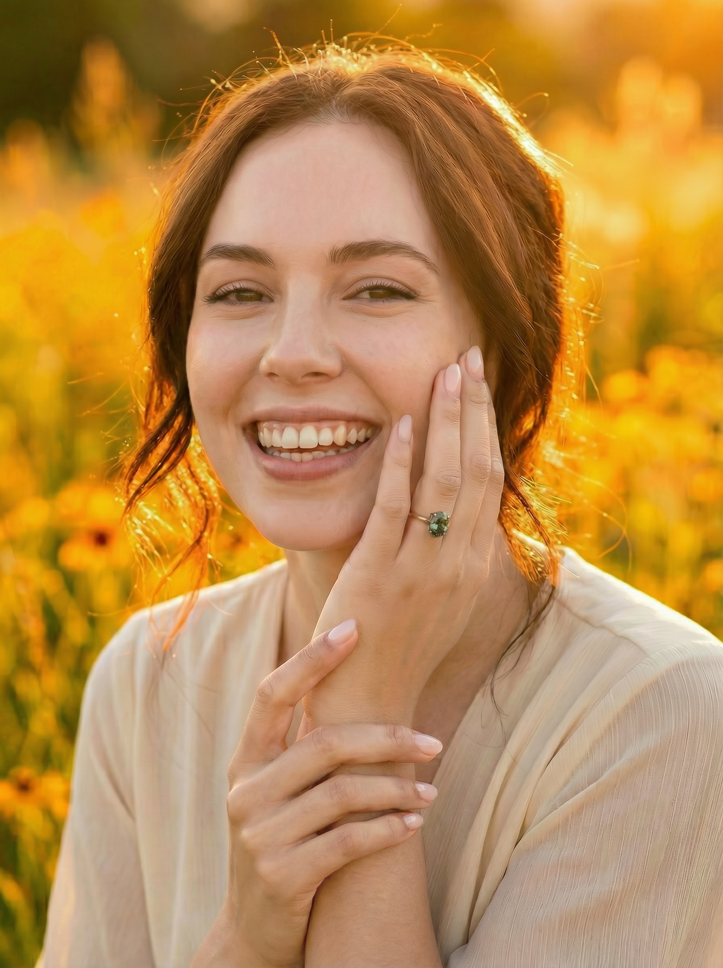 Oval Solitaire Blue-Green Emerald Moissanite Engagement Ring