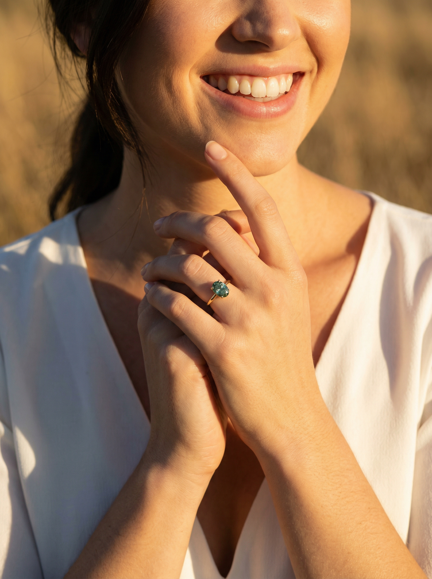 Oval Solitaire Blue-Green Emerald Moissanite Engagement Ring