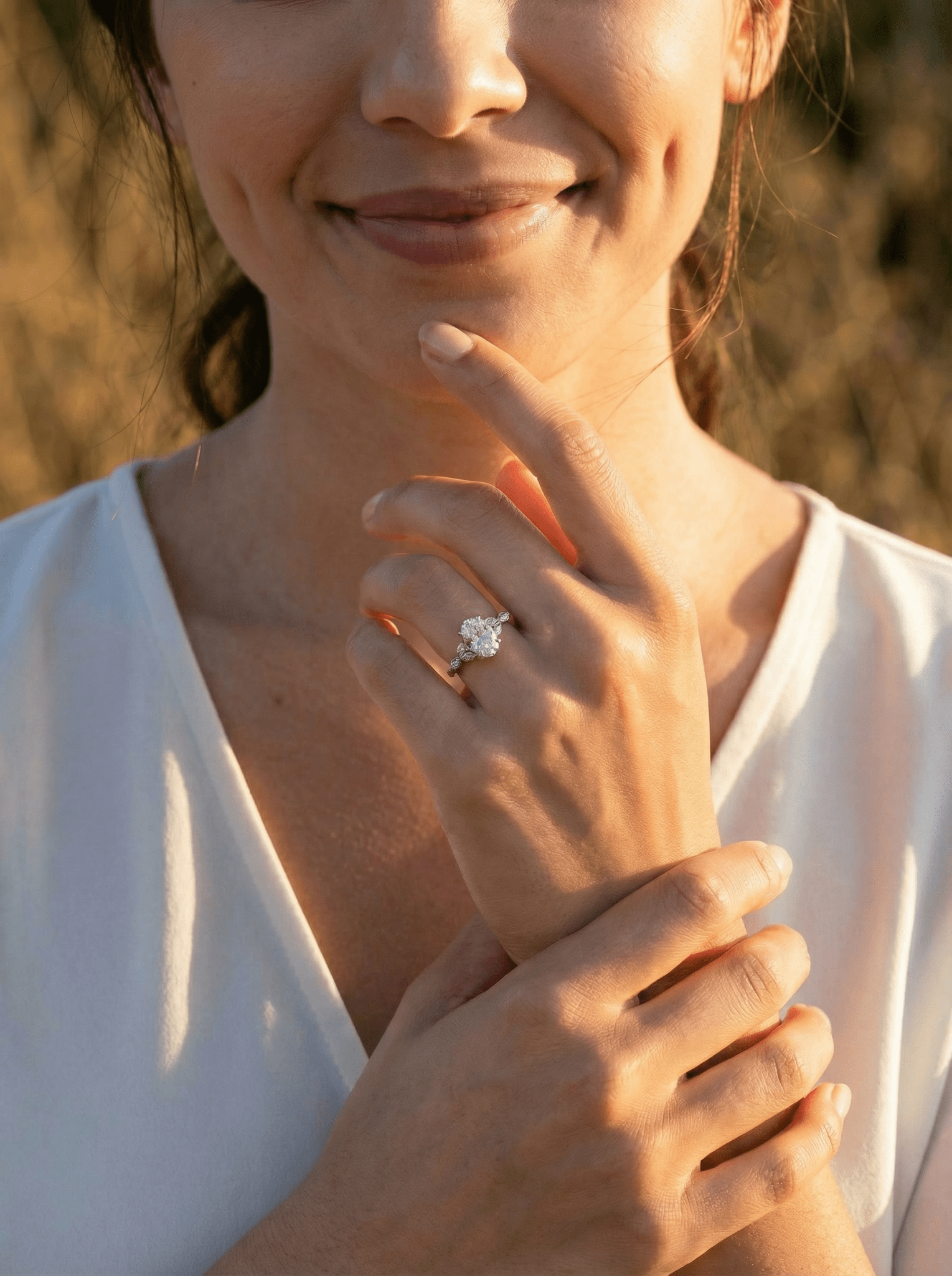 Oval Triple Marquise Accent Stones Moissanite Engagement Ring - Moissanite Engagement Rings