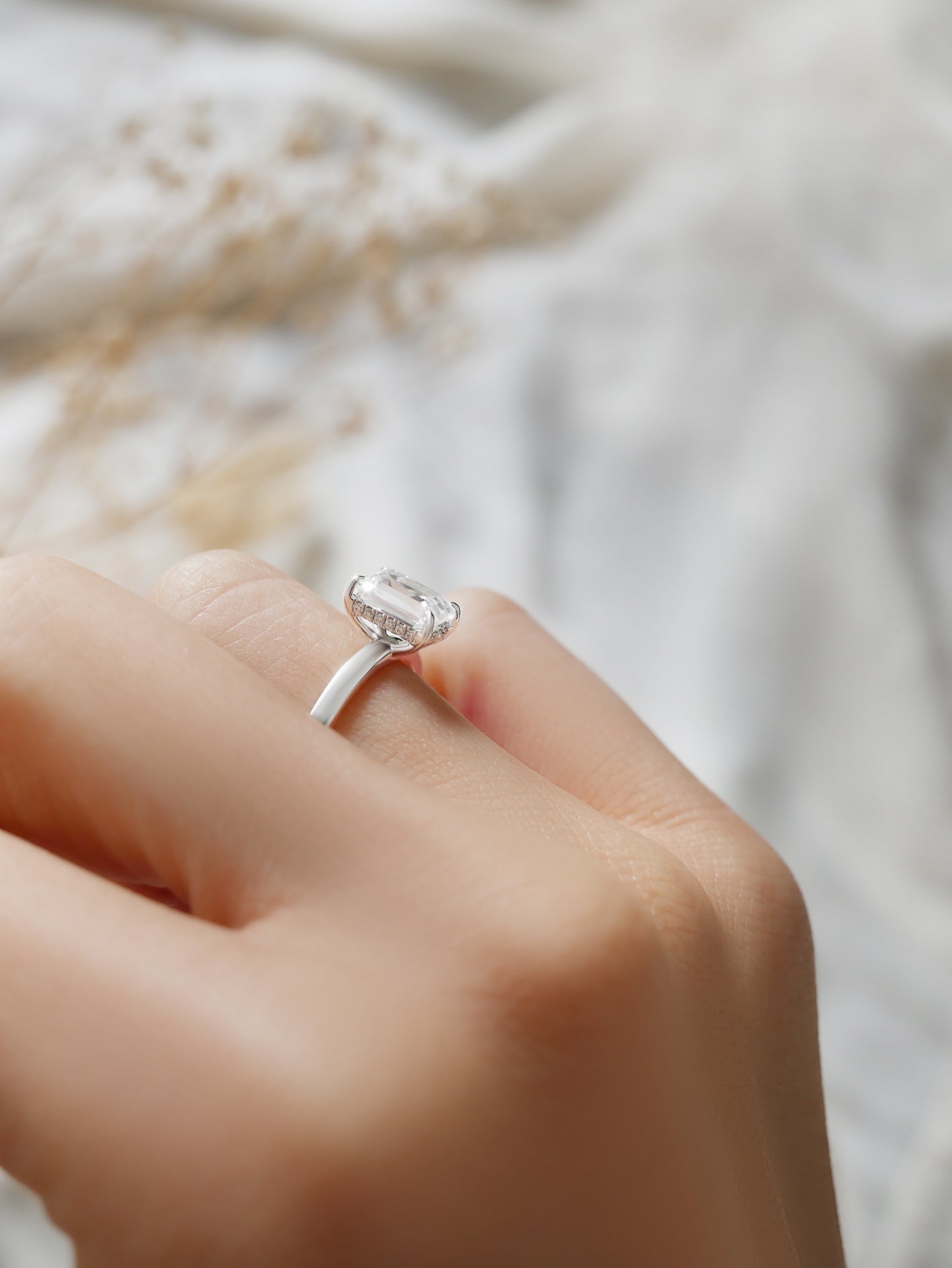 Emerald Hidden Halo Moissanite Engagement Ring