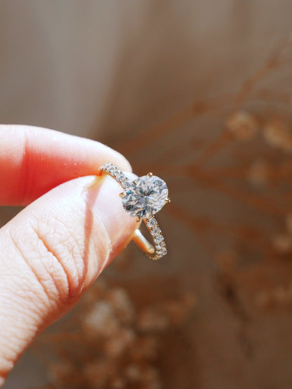 Oval Half Pavè Hidden Halo Moissanite Engagement Ring - Moissanite Engagement Rings
