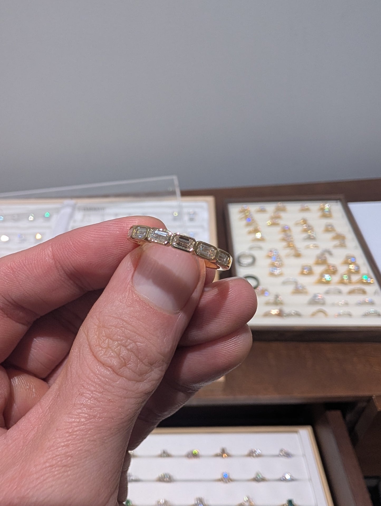 Diamond Emerald Baguette Band 2.5mm 14 K Yellow Gold Size O 1/2
