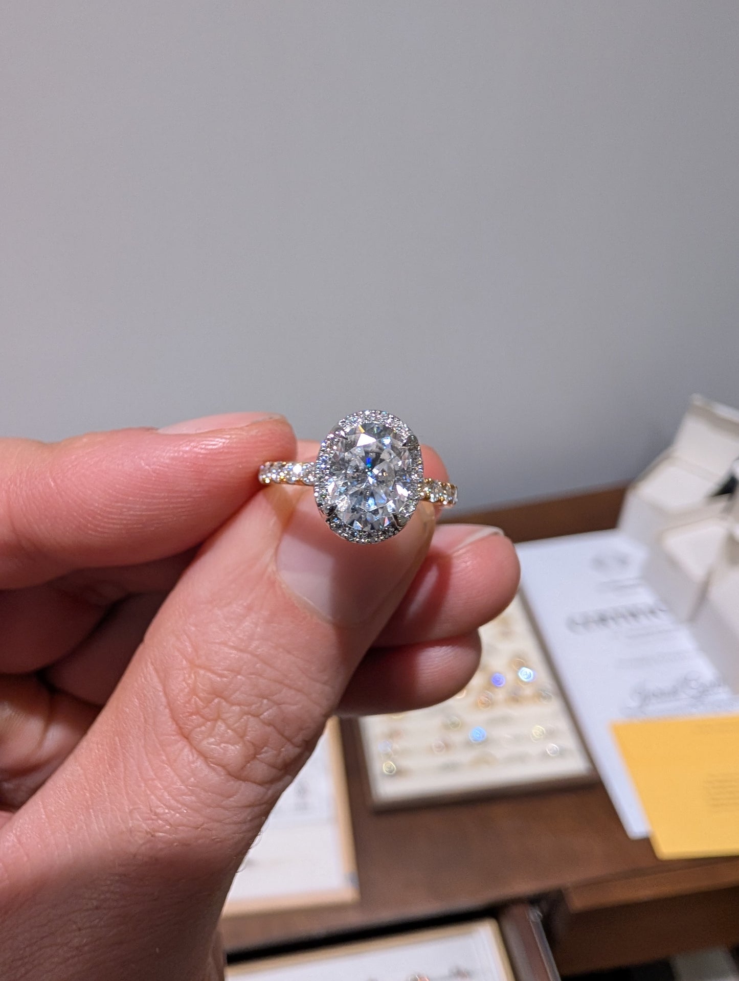 2ct Oval Moissanite Halo and Half Pave 9k Yellow Gold | Size i