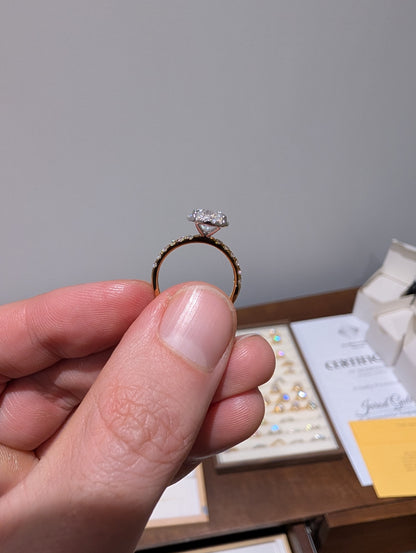 2ct Oval Moissanite Halo and Half Pave 9k Yellow Gold | Size i