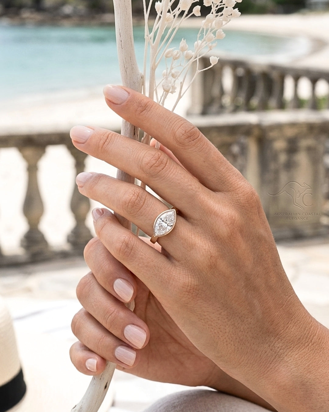 Pearl: East West Bezel Marquise Solitaire Diamond Engagement Ring