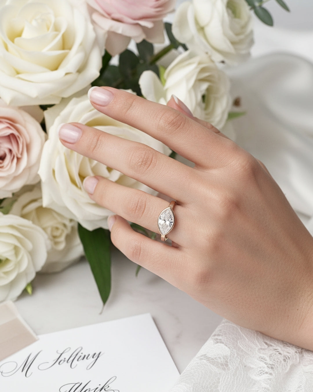 Pearl: East West Bezel Marquise Solitaire Diamond Engagement Ring