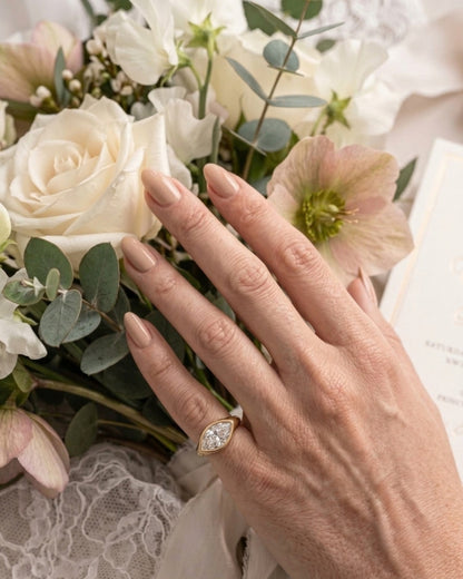 Rhea: Marquise East West Bezel Solitaire with Signet Band Ring