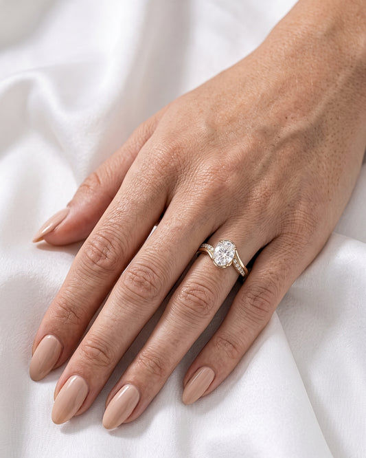 Roxie: Oval Solitaire with Twisted Pavé Band Moissanite Engagement Ring