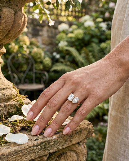 Ruby: Emerald & Pear Cut Two-Stone Moissanite Engagement Ring - Ready To Ship