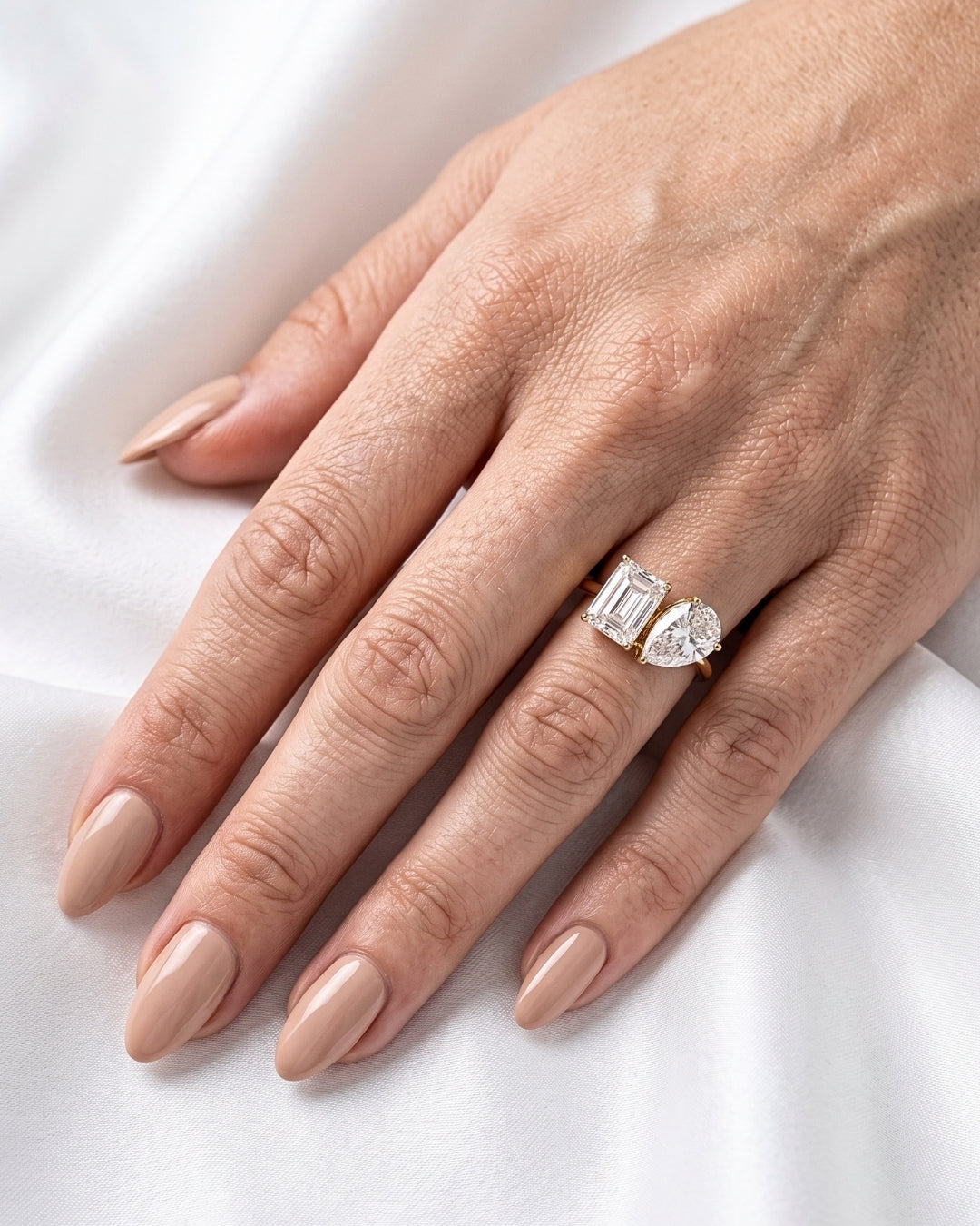 Ruby: Emerald & Pear Cut Two-Stone Moissanite Engagement Ring - Ready To Ship