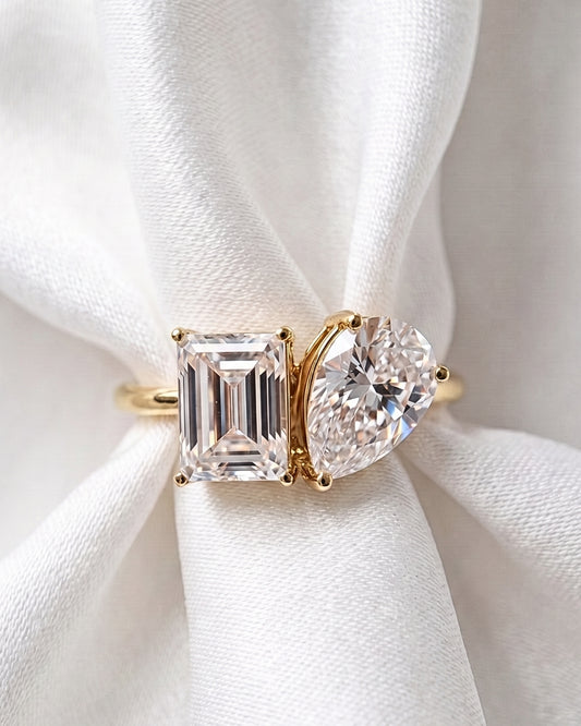 Ruby: Emerald & Pear Cut Two-Stone Moissanite Engagement Ring - Ready To Ship