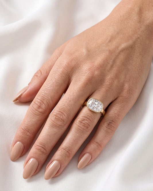 Sasha: East West Bezel Elongated Cushion Solitaire Moissanite Engagement Ring
