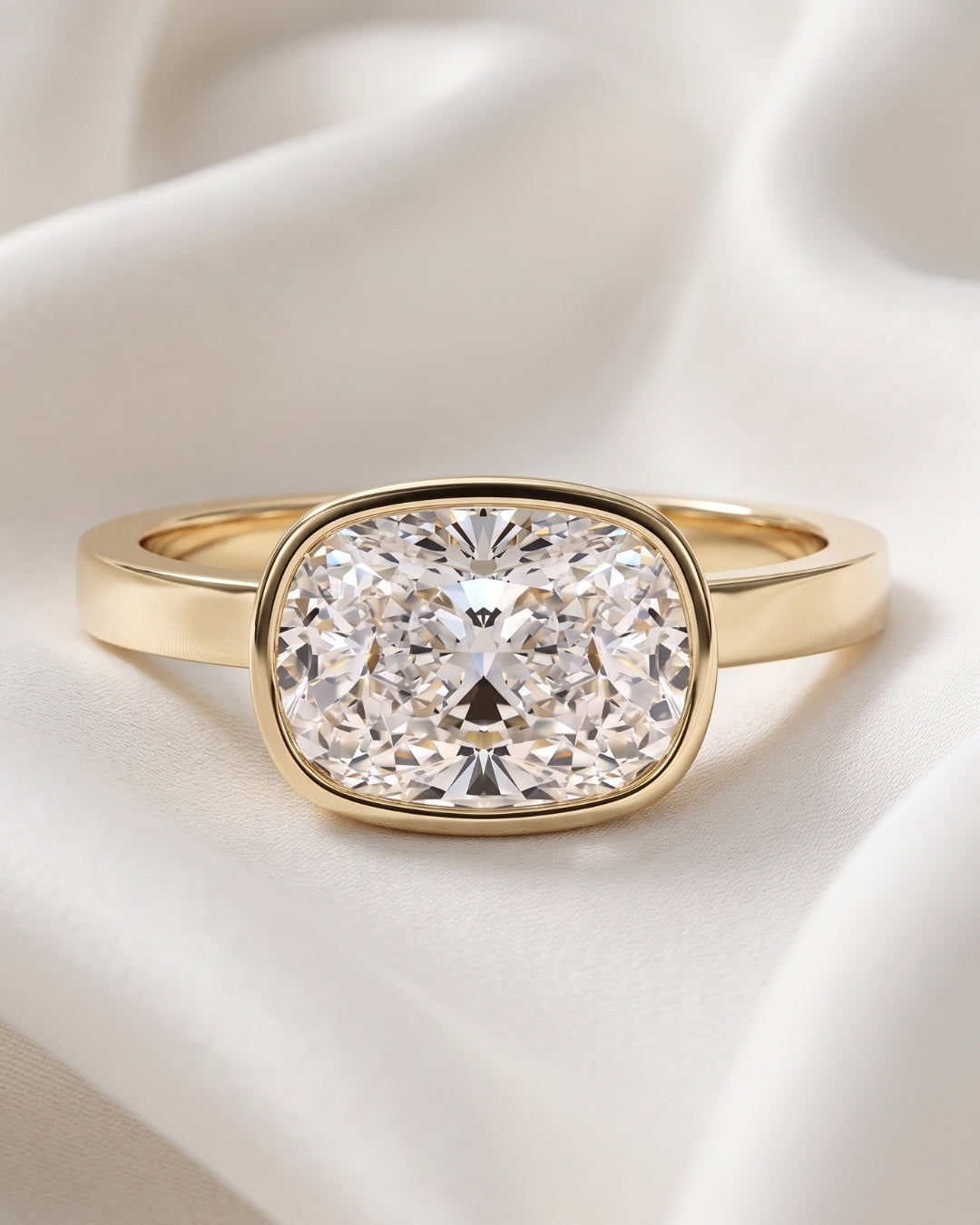 Sasha - East West Bezel Elongated Cushion Solitaire Moissanite Engagement Ring