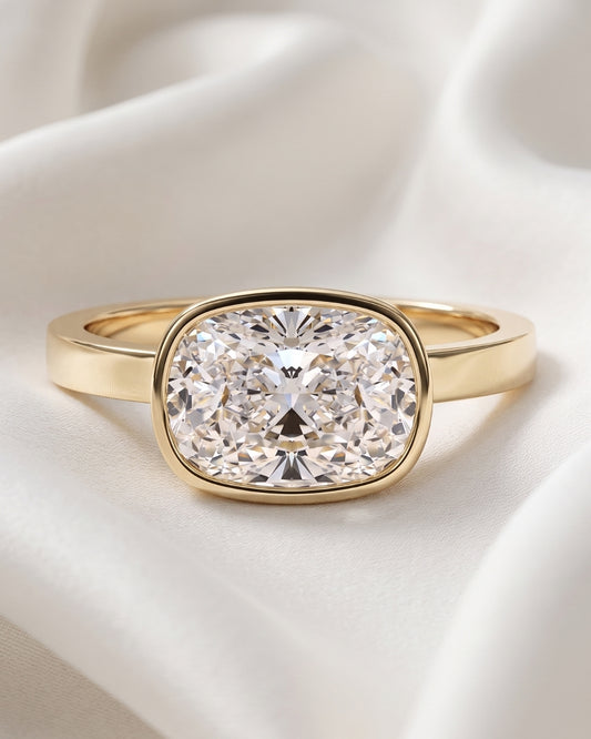 Sasha: East West Bezel Elongated Cushion Solitaire Moissanite Engagement Ring