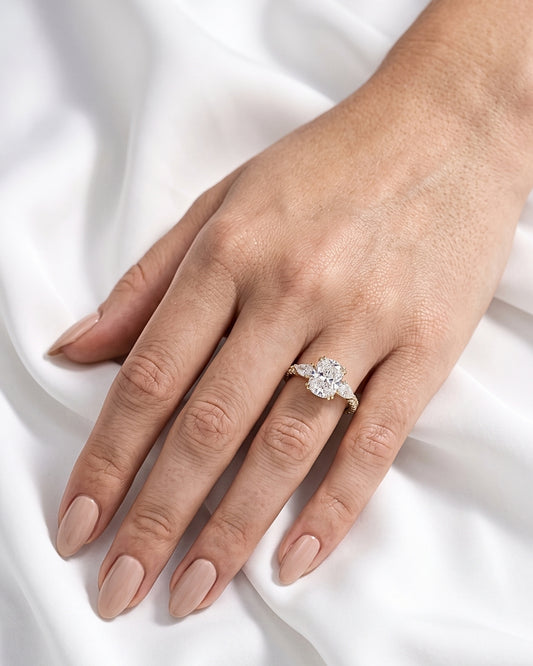 Seraphina: Elongated Cushion Pear Setting 2/3 Pavé Moissanite Engagement Ring