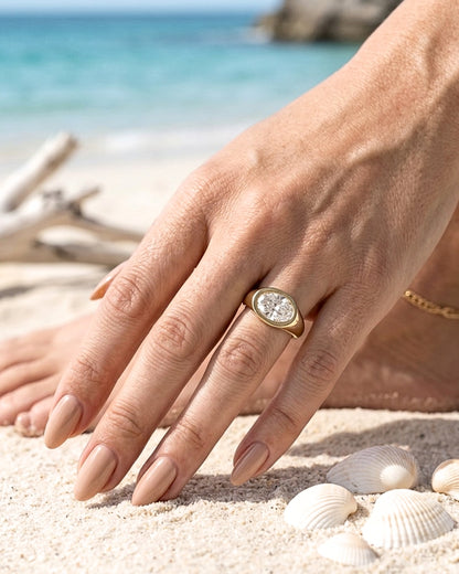 Trina: Oval East West Bezel Solitaire with Signet Band Moissanite Engagement Ring
