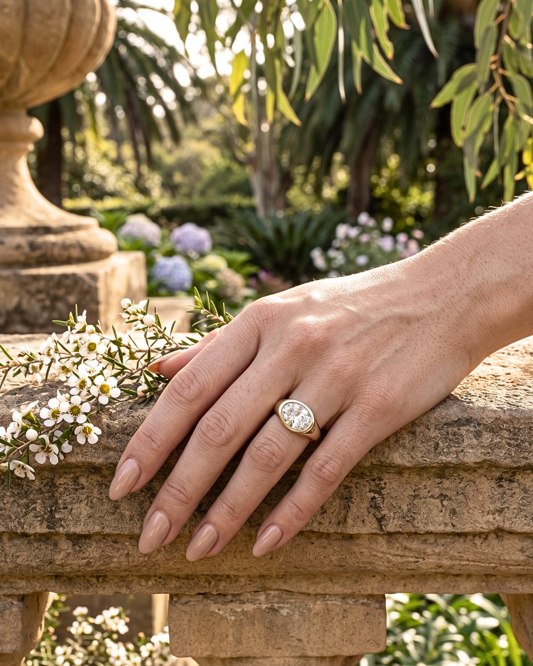 Trina: Oval East West Bezel Solitaire with Signet Band Moissanite Engagement Ring